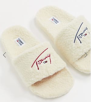 Tommy Jeans signature logo teddy sliders in beige