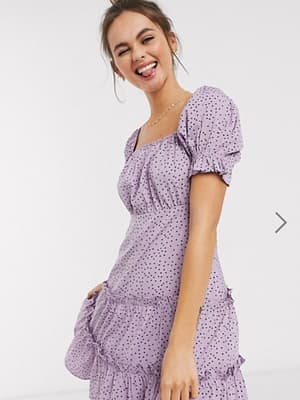 Influence puff sleeve tiered square neck mini dress with tiered hem in lilac polka dot
